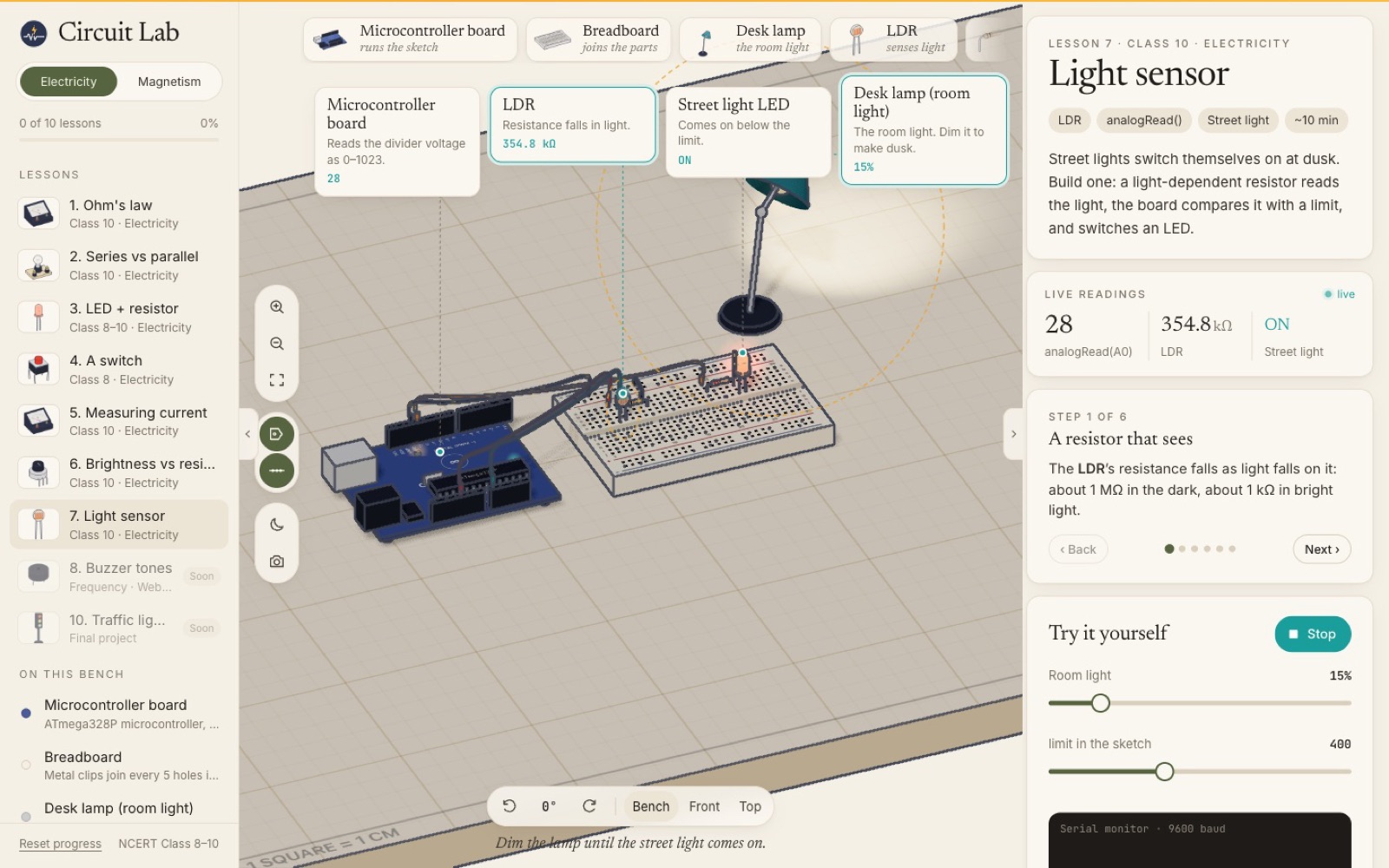 Light sensor lesson with a street light and desk lamp