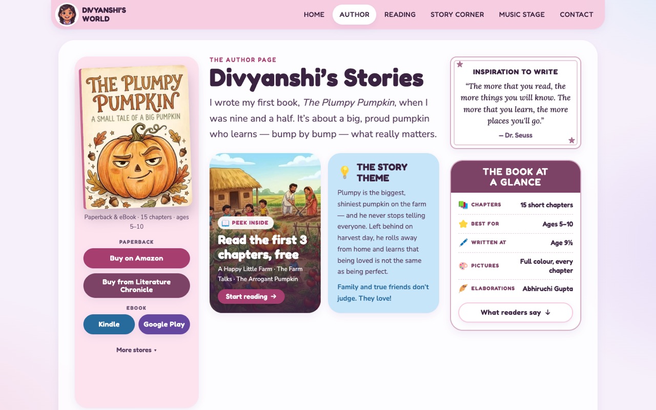 Book page for The Plumpy Pumpkin with store buttons, free chapters, story theme and book facts