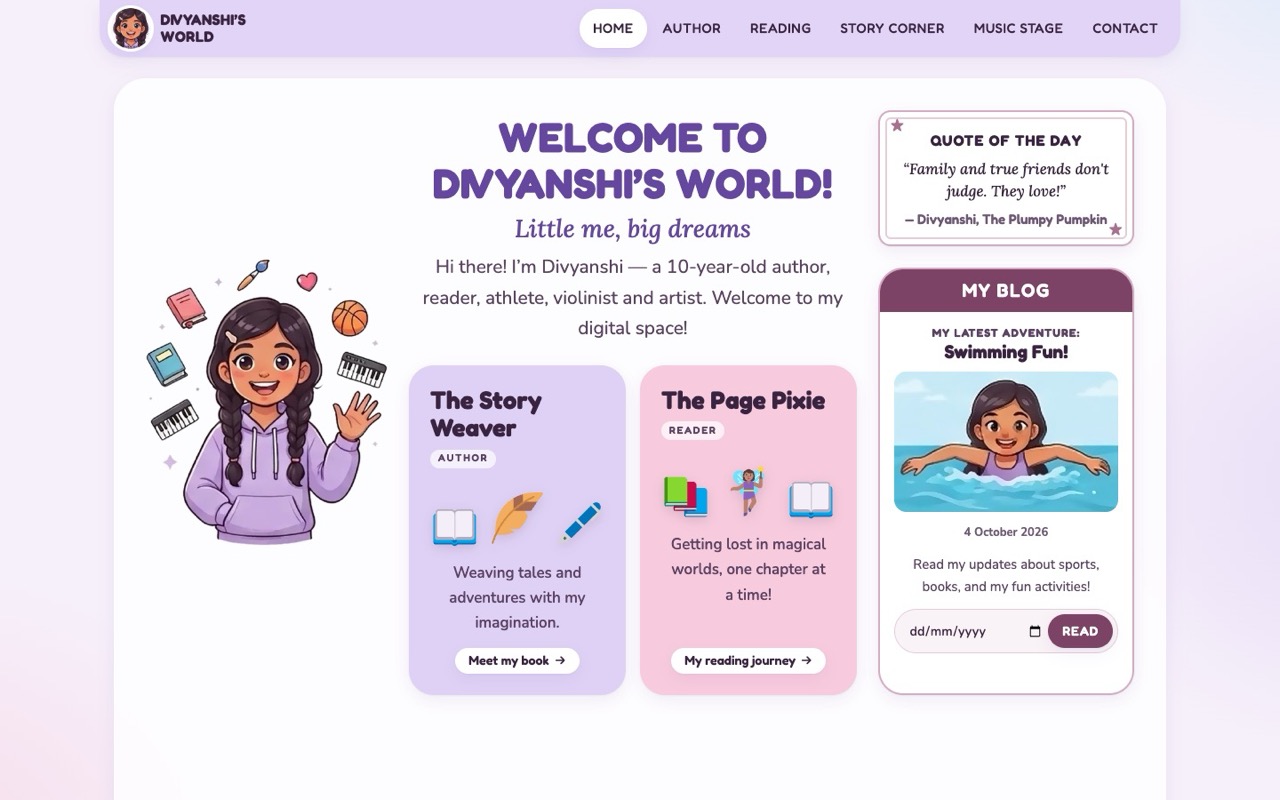 Homepage with an illustrated avatar, author and reader cards, quote of the day and latest blog post