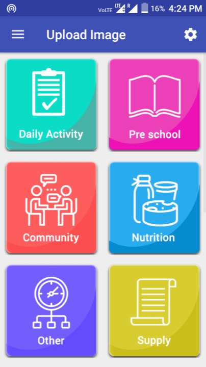Hindi community health worker app menu with daily activity, pre-school, nutrition and supply forms