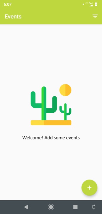 Event planner app empty state inviting the user to add events