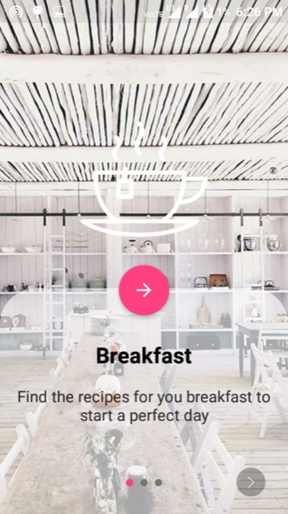 Food recipes app onboarding screen for breakfast recipes