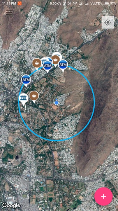 Map app showing nearby places within a chosen radius on satellite view