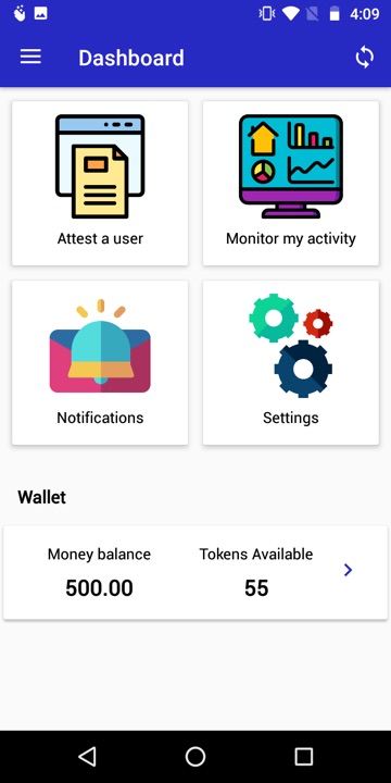Identity verification app dashboard with attest, monitor activity, notifications and token wallet