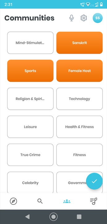 Sochcast app communities screen with podcast categories
