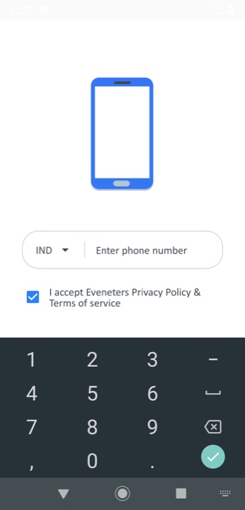 Wedding events app phone number sign-up screen