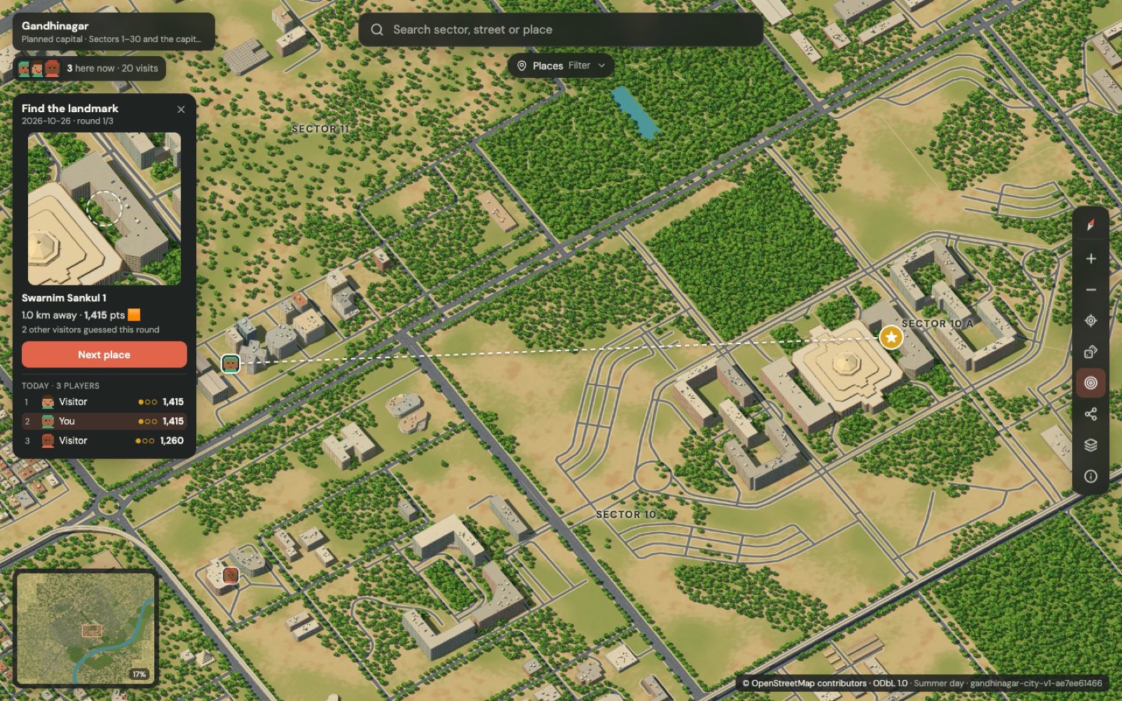 Daily find-the-landmark game with a close-up clue, distance score and other visitors' guesses