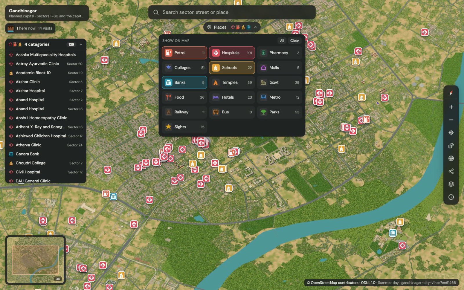 Places filter showing hospitals, petrol pumps, schools and banks as pixel icons