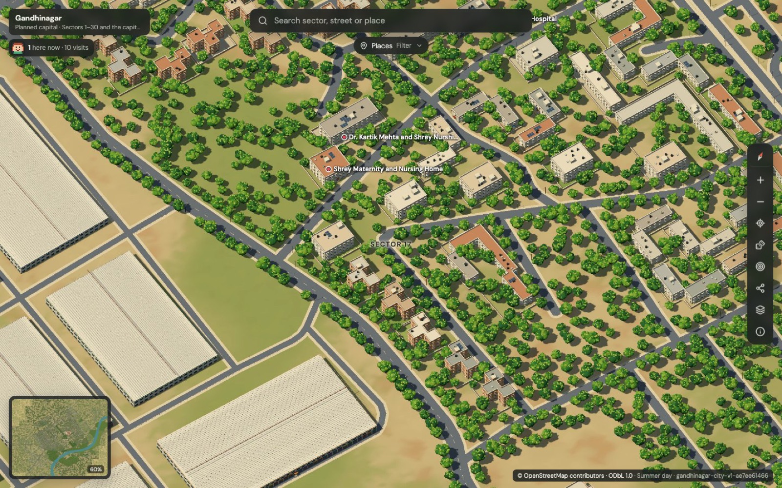 Sector housing with government quarters, compound walls, black water tanks and neem trees