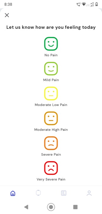 Patient monitoring app screen asking how the patient feels today on a pain scale