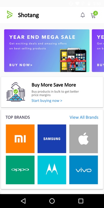 B2B phone marketplace app home screen with offers and top brands