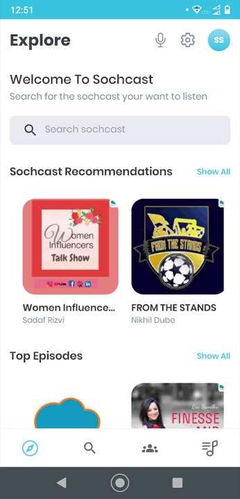Sochcast app explore screen with recommended podcasts and top episodes