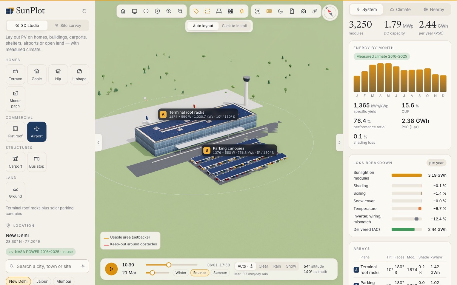 Airport terminal with rooftop racks and solar parking canopies