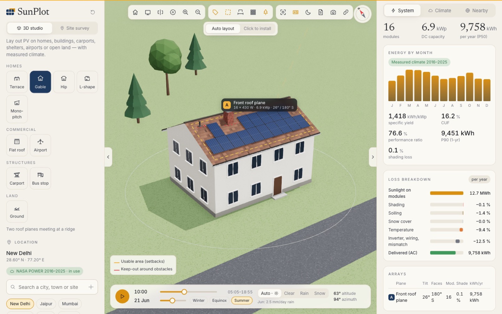 SunPlot 3D showing a house with a solar array and energy results