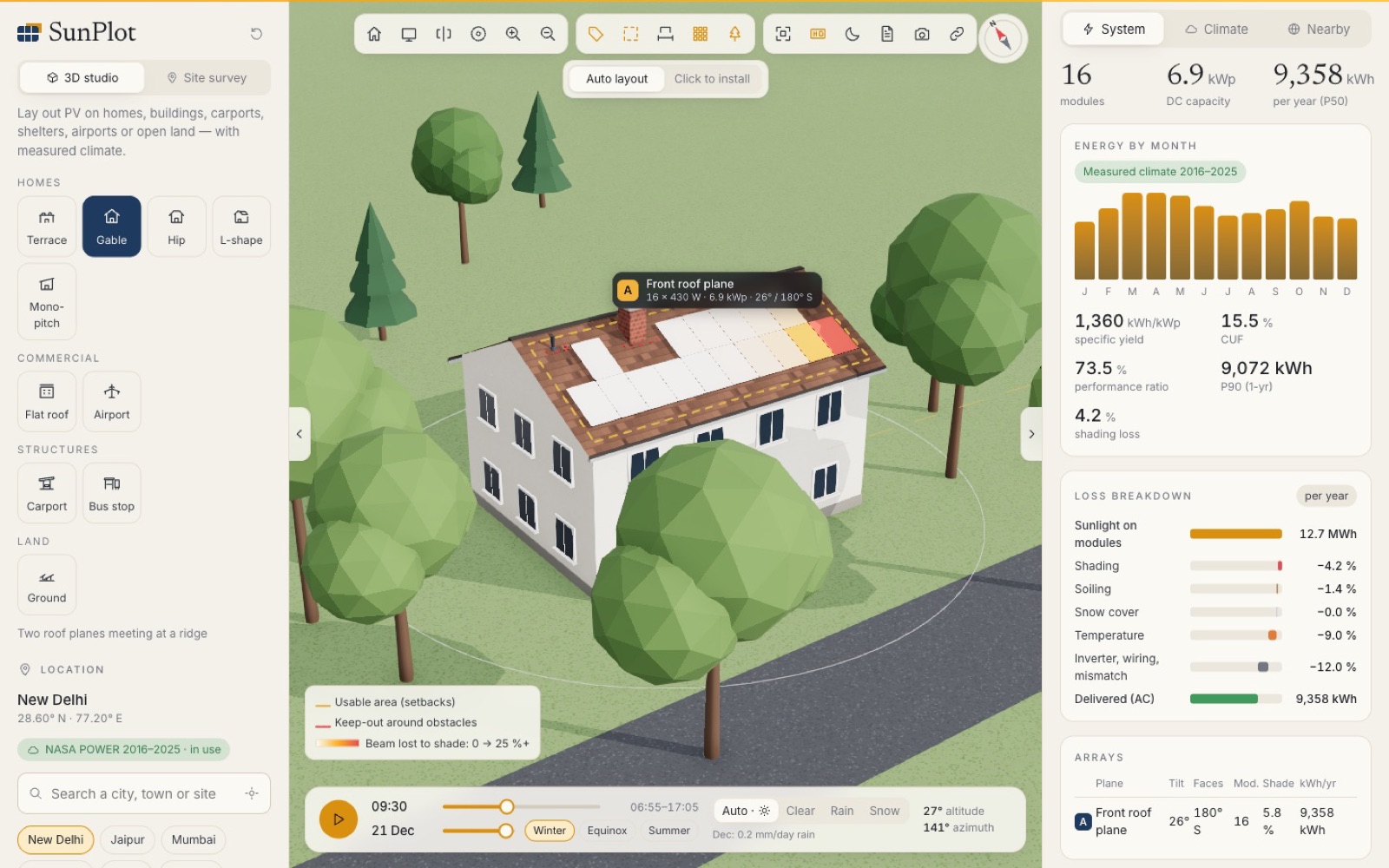 Shade heat-map on a roof with trees beside the house