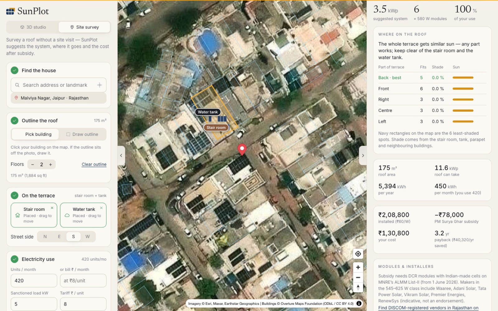 Site survey of a roof in Jaipur with stair room, water tank and suggested modules