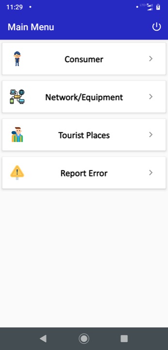 Field app main menu with consumer, network equipment, places and error reporting options