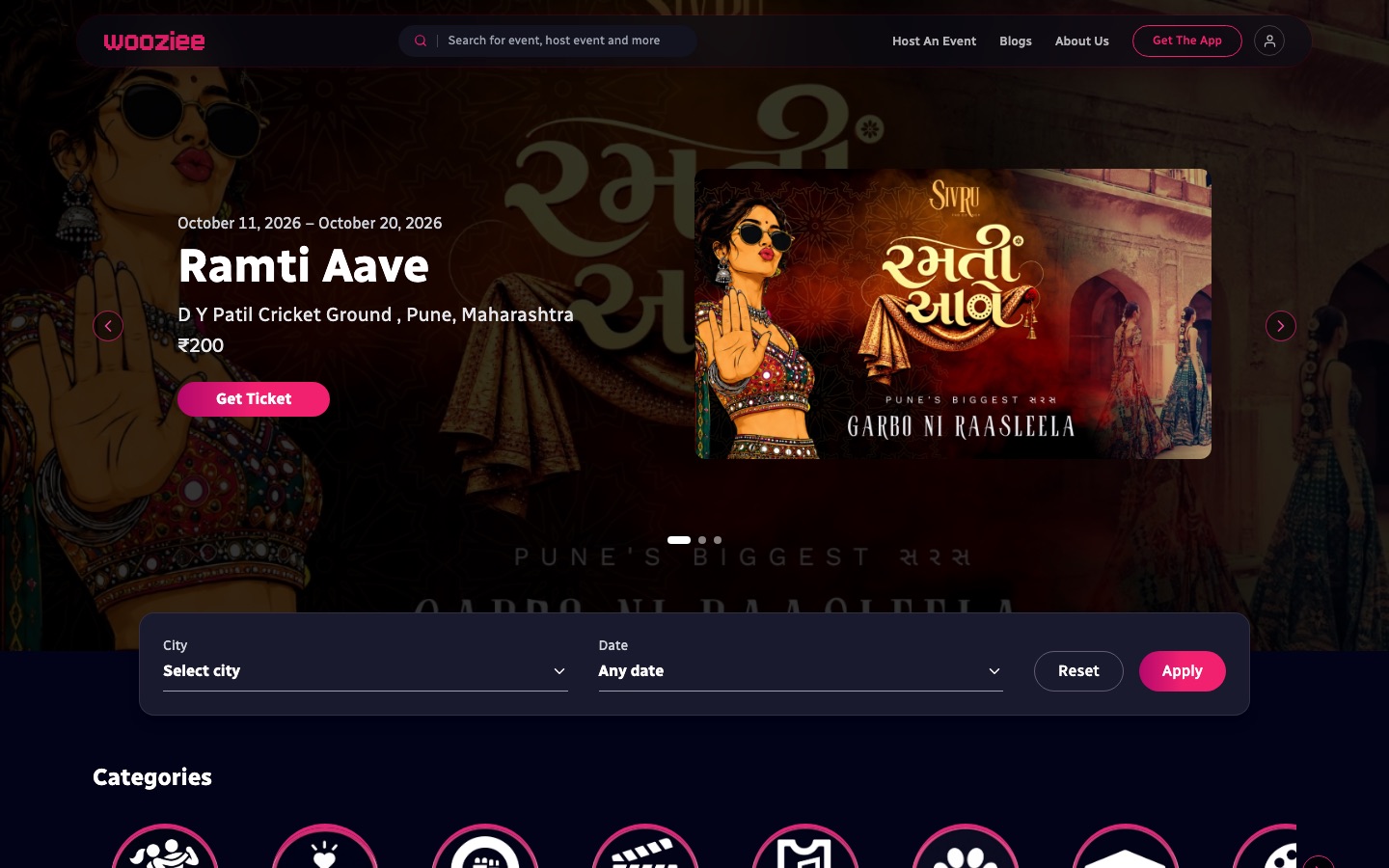 Wooziee homepage showing a featured event, city and date filters, and event categories